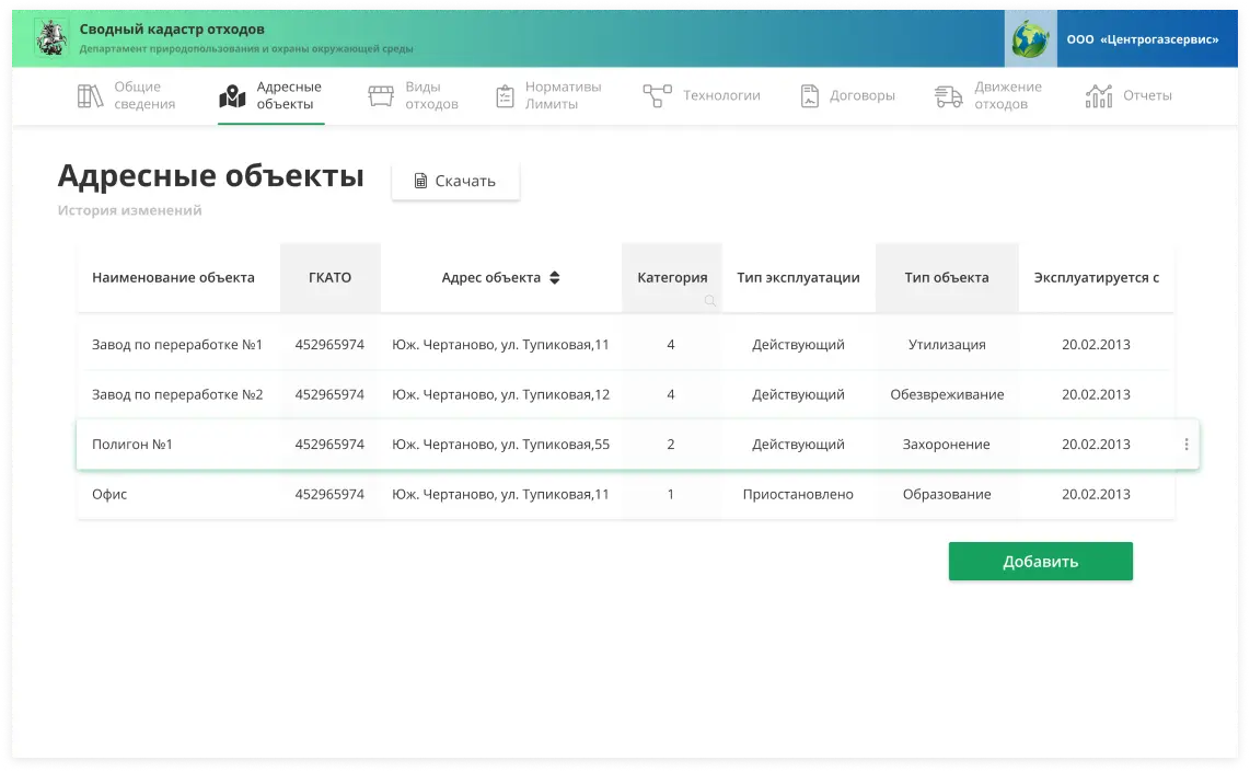 Вкладка «Адресные объекты». Дизайн интерфейса для Департамента природопользования Москвы | SobakaPav.ru