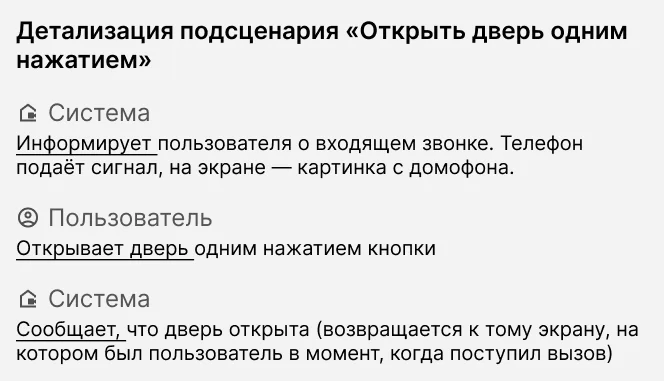 Пример сценария взаимодействия домофона и пользователя